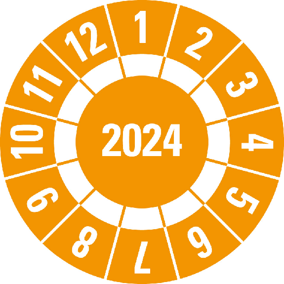 Prüfplakette 2024,mit Freifeldern,orange,Folie,selbstklebend,Ø 20mm,10/Bogen-Beschreibung lesen