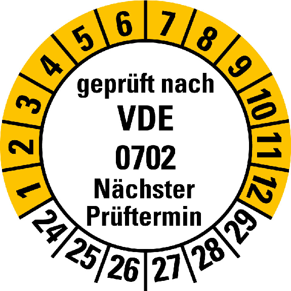 Mehrjahresprüfplakette gepr.nach VDE 0702 NP,24-29,weiß/gelb,Folie,20mm,10/Bogen-Beschreibung lesen