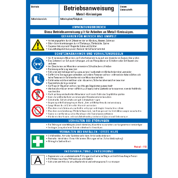 Maschinenbetriebsanweisung Metall-Kreissägen, Kunststoff, 210x297mm, ASR A1.3, DIN EN ISO 7010-Beschreibung lesen