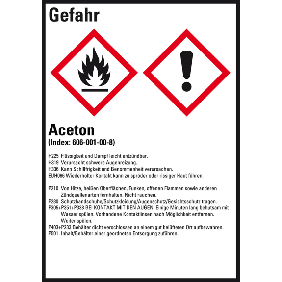 Gefahrstoffetikett Aceton, GefStoffV/GHS/CLP, Folie, 52x74mm, 10/Bogen-Lire la description