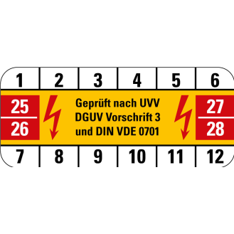Prüfplakette Gepr.nach UVV DGUV Vor.3 und VDE 0701,25-28,Folie,18x42mm,10/Bogen-Beschreibung lesen