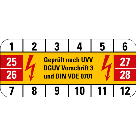 Prüfplakette Gepr.nach UVV DGUV Vor.3 und VDE 0701,25-28,Folie,18x42mm,10/Bogen-Leggi tutto