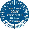 Prüfpl.gepr.DGUV 3 NP,26-31,blau/weiß,Folie,für ölige Untergründe,Ø30mm,10/Bogen