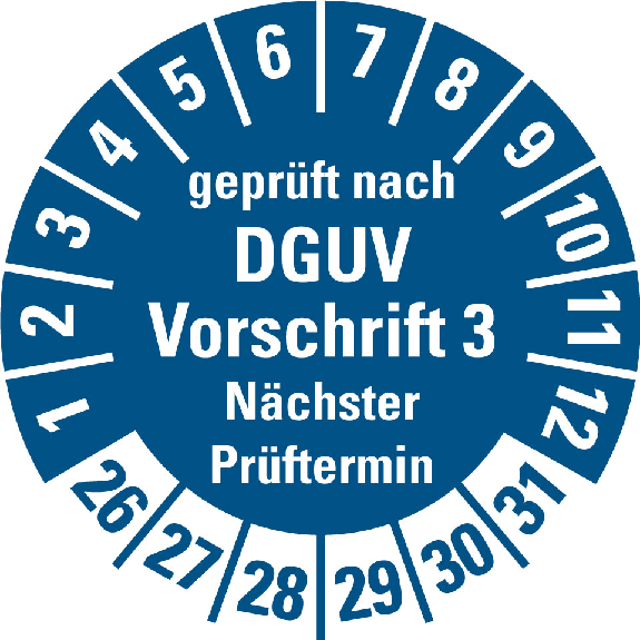 Prüfpl.gepr.DGUV 3 NP,26-31,blau/weiß,Folie,für ölige Untergründe,Ø30mm,10/Bogen-Beschreibung lesen