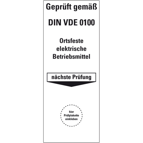 Grundplakette DIN VDE 0100,ortsfeste elek. Betriebsmittel,Folie,100x40mm,5/Bogen-Leggi tutto