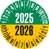 Prüfplakette 2025/2026, grün/gelb, Folie, selbstklebend, Ø 20mm, 10/Bogen