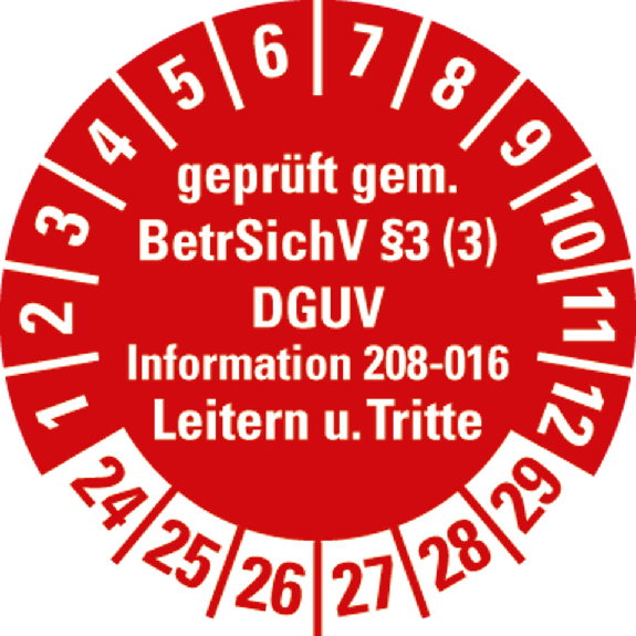 Prüfpl.gepr.gem.BetrSichV §3 (3) Leitern/Tritte,24-29,rot,Folie,Ø 30mm,10/Bogen Prüfpl.gepr.gem.BetrSichV §3 (3) Leitern/Tritte,24-29,rot,Folie,Ø 30mm,10/Bogen-Beschreibung lesen