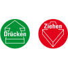 Türhinweis Drücken mit Pfeil, verhindert Stoßverletzungen, grün, Folie, Ø 100mm