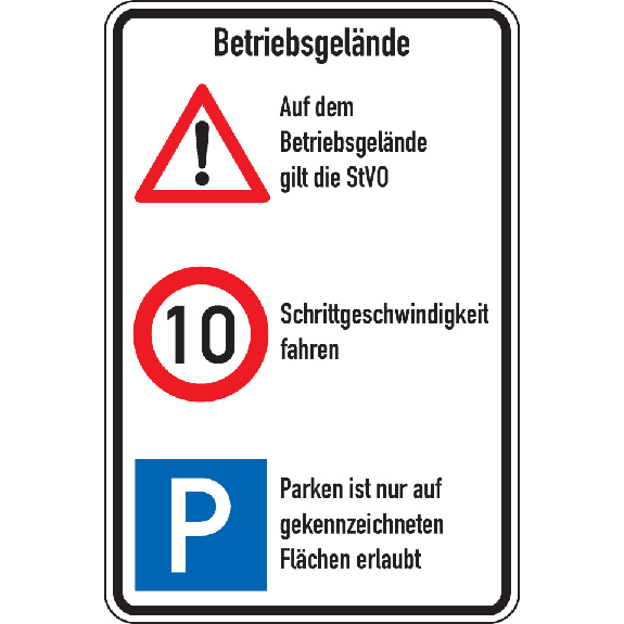 Kombischild Betriebsgelände, STVO und 10 km/h + Parken, Aluminium RA0, reflektierend, 600x900mm, nach StVO Kombischild Betriebsgelände, STVO und 10 km/h + Parken, Aluminium RA0, reflektierend, 600x900mm, nach StVO-Beschreibung lesen