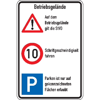 Kombischild Betriebsgelände, STVO und 10 km/h + Parken, Aluminium RA0, reflektierend, 600x900mm, nach StVO-Beschreibung lesen