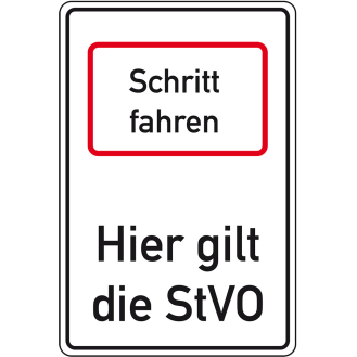 Hinweisschild Schritt fahren-Hier gilt die StVO, Aluminium RA0, reflektierend, 600x900mm, DIN 67520, nach StVO-Beschreibung lesen