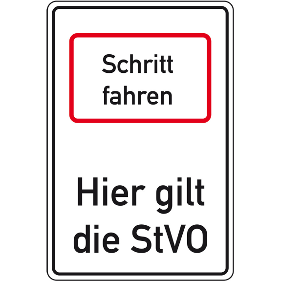 Hinweisschild Schritt fahren-Hier gilt die StVO, Aluminium RA0, reflektierend, 600x900mm, DIN 67520, nach StVO Hinweisschild Schritt fahren-Hier gilt die StVO, Aluminium RA0, reflektierend, 600x900mm, DIN 67520, nach StVO-Beschreibung lesen