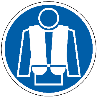 Gebotsschild Rettungsweste benutzen, praxisbewährt, Folie, selbstklebend, Ø 200mm-Beschreibung lesen