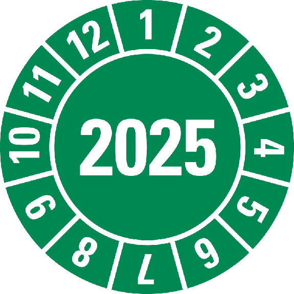 Prüfplakette 2025, grün, Folie, selbstklebend, Ø 30mm, 10/Bogen-Beschreibung lesen