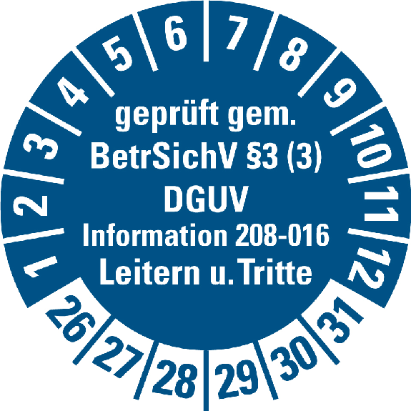 Prüfplakette BetrSichV 3,Leitern,26-31,blau,Folie,selbstklebend,Ø 30mm,500/Rolle-Beschreibung lesen
