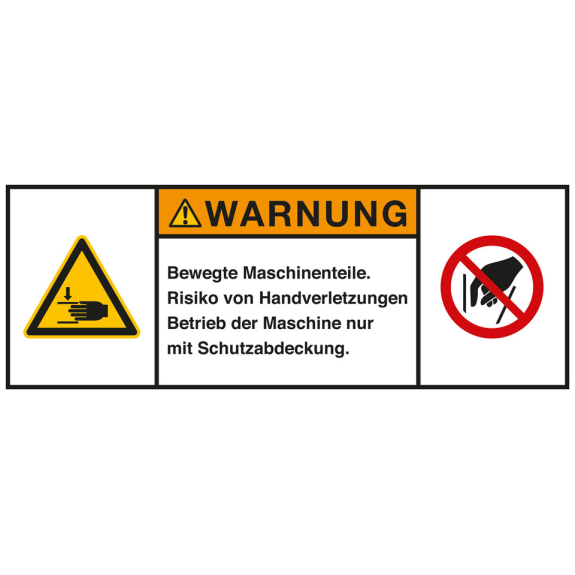 Produktsicherheitsschild Warnung Bewegte Maschinen, RoHS konform, Folie, 200x75mm, ISO 3864-2-Beschreibung lesen
