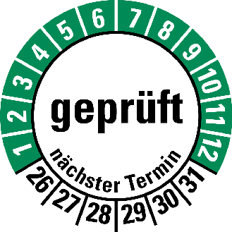 Prüfplakette geprüft nächster Termin,26-31,Folie,selbstklebend,Ø 30mm,10/Bogen-Beschreibung lesen