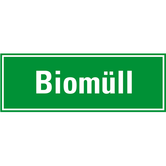 Hinweisschild Biomüll, grün/weiß, Folie, selbstklebend, 297x105mm-Beschreibung lesen