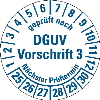 Prüfpl. DGUV V3 NP 25-30,weiß/blau,DIN EN 60601-01,Spezialkleber,Ø 30mm,10/Bogen-Beschreibung lesen