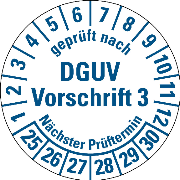 Prüfpl. DGUV V3 NP 25-30,weiß/blau,DIN EN 60601-01,Spezialkleber,Ø 30mm,10/Bogen-Beschreibung lesen
