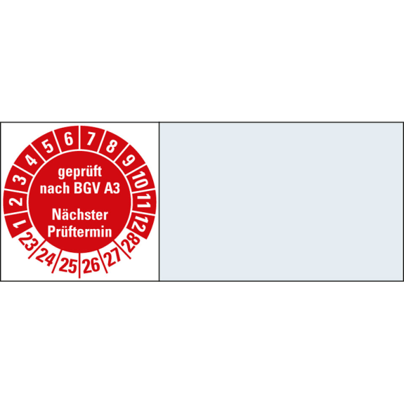 Kabelprüfplakette geprüft nach BGV A3 NP, 23-28, rot, Folie, 20x100mm, 8/Bogen-Beschreibung lesen