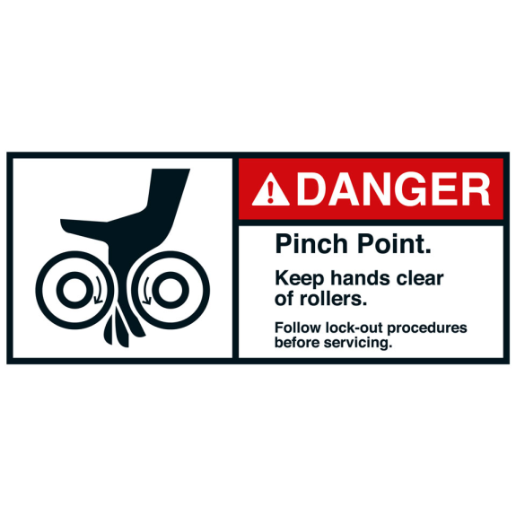 ANSI-Aufkleber DANGER Pinch Point,Walzen/oben,UL anerk.,Folie,45x100mm,2/BOG-Beschreibung lesen