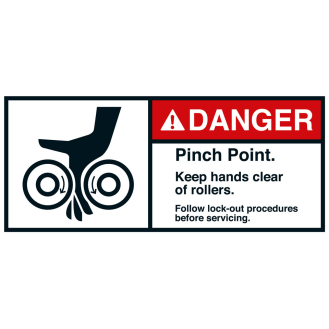ANSI-Aufkleber DANGER Pinch Point,Walzen/oben,UL anerk.,Folie,45x100mm,2/BOG-Beschreibung lesen