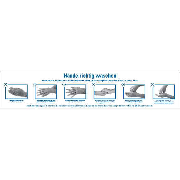 Hinweisschild Hände richtig waschen, Folie, selbstklebend, 600x120mm-Beschreibung lesen