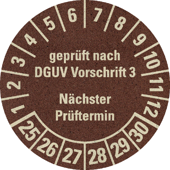 Prüfplakette gepr.DGUV V3 NP, 25-30,braun,Primärfaser-Graspapier,Ø 30mm,18/Bogen-Beschreibung lesen