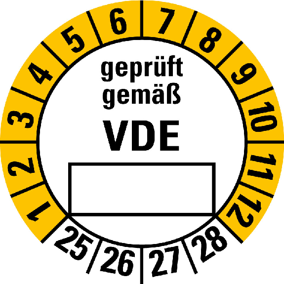 Prüfplakette geprüft gemäß VDE 25-28, Folie, selbstklebend, Ø 30mm, 10/Bogen-Beschreibung lesen