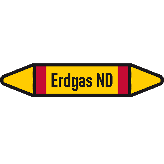 Rohrleitungsetikett Erdgas ND, DIN 2403, gelb/schwarz/rot, für Ø25-40mm, 154x26mm, 5/Bogen-Beschreibung lesen