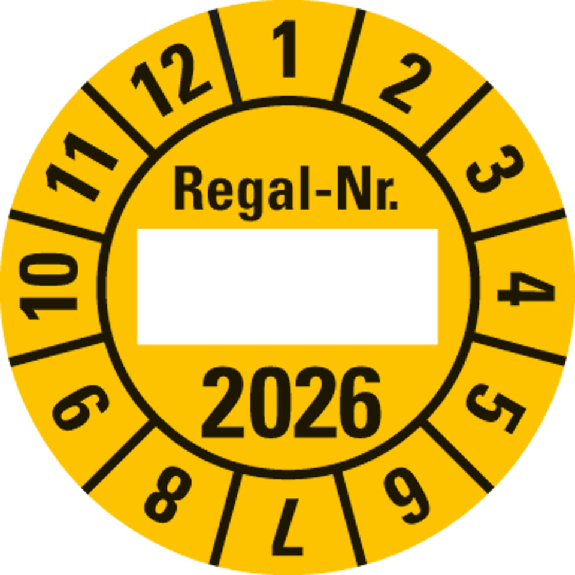 Prüfplakette Regal Nr.,2026, Beschriftungsfeld,gelb,Folie,Ø 30mm,10/Bogen-Beschreibung lesen