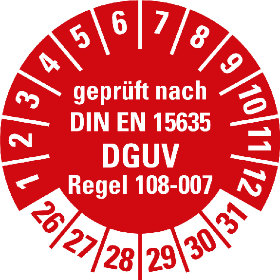 Prüfplakette gepr.n.DIN EN 15635,DGUV Regel,26-31,Folie,Ø 30mm,10/Bogen-Beschreibung lesen