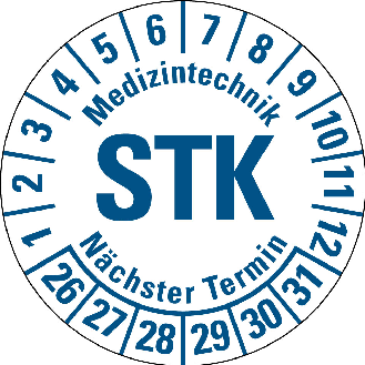 Prüfplakette STK 26-31,weiß/blau,DIN EN 60601-01,Spezialkleber,Ø 20mm,10/Bogen-Beschreibung lesen
