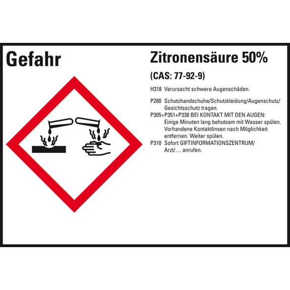 GHS-Etikett Zitronensäure 50%, GefStoffV/GHS/CLP, Folie, 105x74mm, 8/Bogen GHS-Etikett Zitronensäure 50%, GefStoffV/GHS/CLP, Folie, 105x74mm, 8/Bogen-Beschreibung lesen