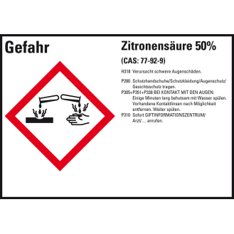 GHS-Etikett Zitronensäure 50%, GefStoffV/GHS/CLP, Folie, 105x74mm, 8/Bogen-Beschreibung lesen