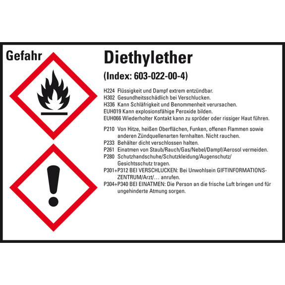 GHS-Etikett Diethylether, GefStoffV/GHS/CLP, Folie, 105x148mm, 4/Bogen GHS-Etikett Diethylether, GefStoffV/GHS/CLP, Folie, 105x148mm, 4/Bogen-Beschreibung lesen