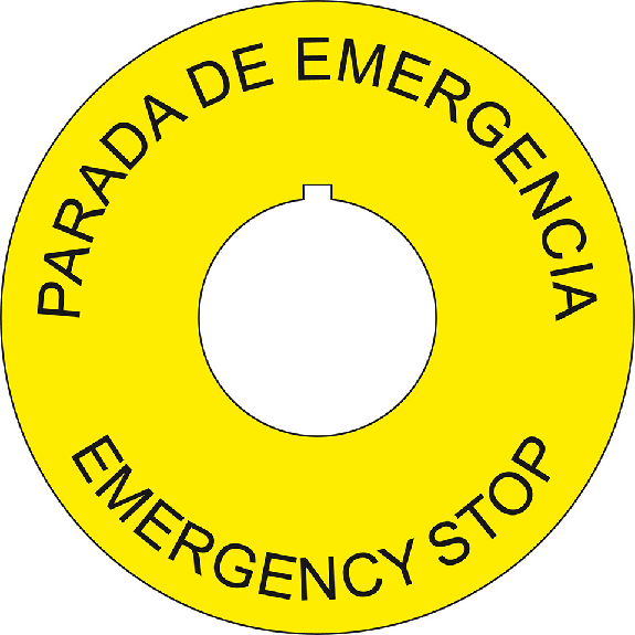 Not-Halt-Schild mit Nase, spanisch/englisch, Kunststoff, Ø 60mm/22,5mm Not-Halt-Schild mit Nase, spanisch/englisch, Kunststoff, Ø 60mm/22,5mm-Beschreibung lesen