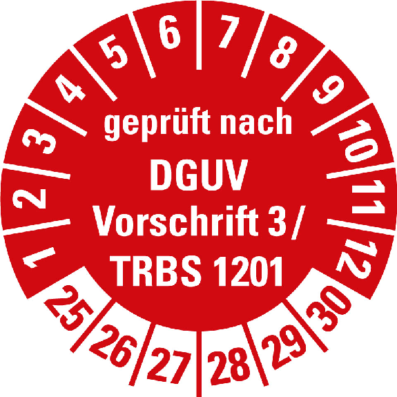 Prüfplakette gepr.n.DGUV Vor.3/TRBS 1201,25-30,rot,Folie,selbst.,Ø20mm,10/Bogen-Beschreibung lesen