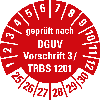 Prüfplakette gepr.n.DGUV Vor.3/TRBS 1201,25-30,rot,Folie,selbst.,Ø20mm,10/Bogen
