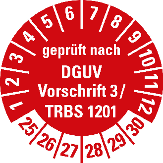 Prüfplakette gepr.n.DGUV Vor.3/TRBS 1201,25-30,rot,Folie,selbst.,Ø20mm,10/Bogen-Beschreibung lesen
