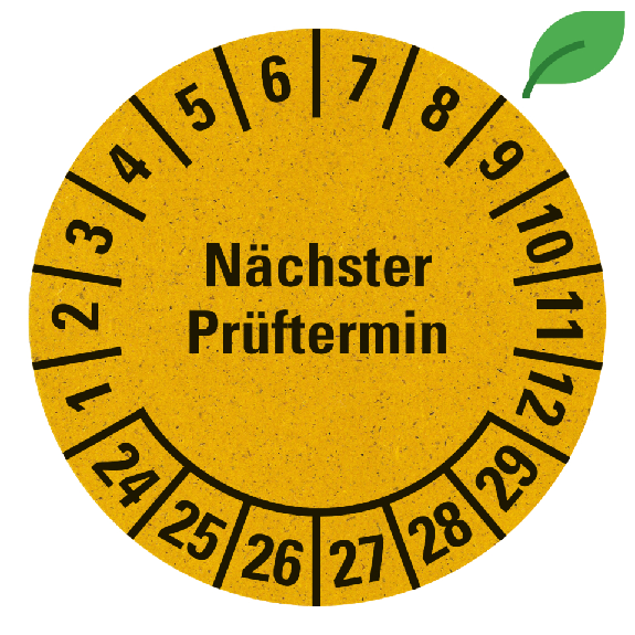 Prüfplakette Nächster Prüftermin 24-29, gelb, Graspapier, selbstklebend, Ø 30mm, 18/Bogen-Beschreibung lesen