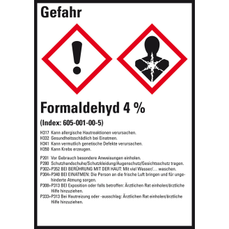 GHS-Etikett Formaldehyd 4%, GefStoffV/GHS/CLP, Folie, 52x74mm, 10/Bogen-Beschreibung lesen