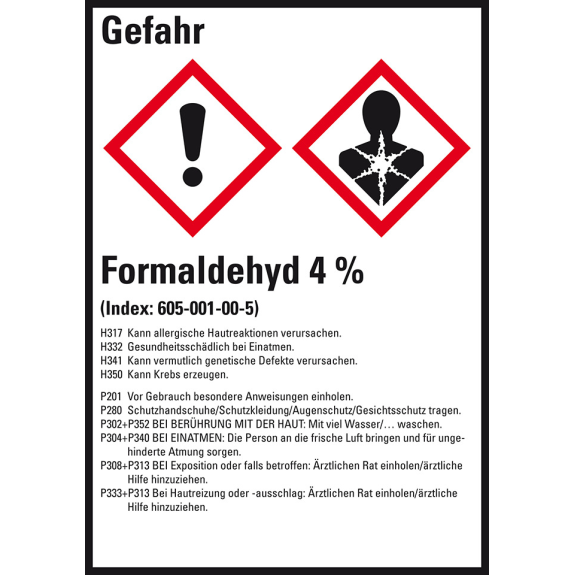 GHS-Etikett Formaldehyd 4%, GefStoffV/GHS/CLP, Folie, 52x74mm, 10/Bogen GHS-Etikett Formaldehyd 4%, GefStoffV/GHS/CLP, Folie, 52x74mm, 10/Bogen-Beschreibung lesen