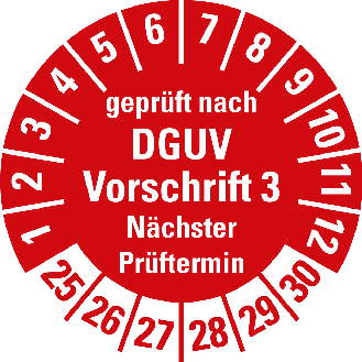 Prüfpl.gepr.DGUV 3 NP,25-30,rot/weiß,Folie, für ölige Untergründe,Ø20mm,10/Bogen-Beschreibung lesen