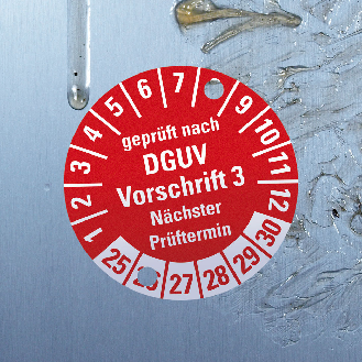 Prüfpl.gepr.DGUV 3 NP,25-30,rot/weiß,Folie, für ölige Untergründe,Ø20mm,10/Bogen-Beschreibung lesen