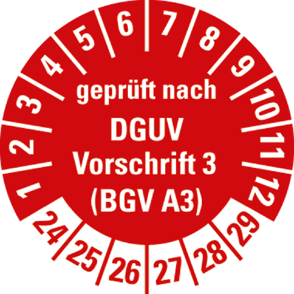 Prüfplakette gepr.n.DGUV Vor.3 (BGV A3),24-29,rot,Folie,selbst.,Ø 30mm,10/Bogen-Beschreibung lesen