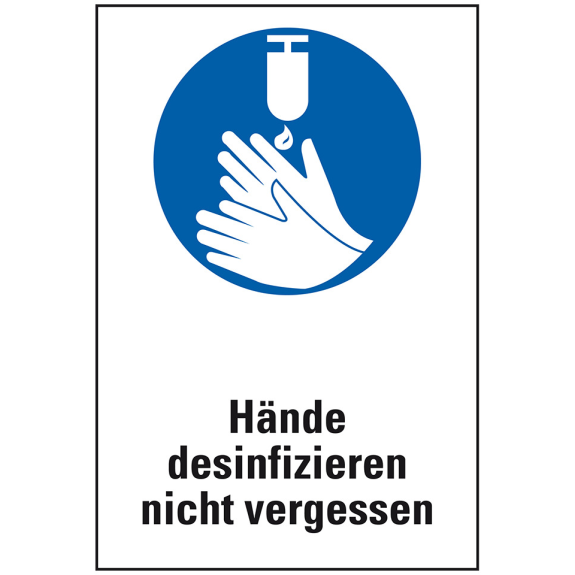 Gebots-Kombischild Hände desinfizieren nicht vergessen, praxisbewährt, Kunststoff, 200x300mm-Beschreibung lesen