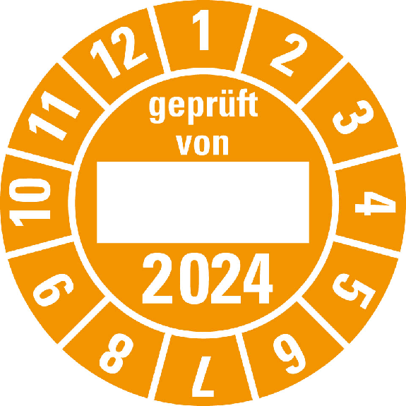 Prüfplakette gepr.von, 2024, Beschriftungsfeld, orange, Folie, Ø 30mm, 10/Bogen-Beschreibung lesen