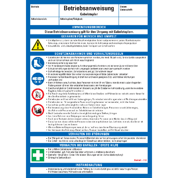 Maschinenbetriebsanweisung Gabelstapler, Kunststoff, 210x297mm, ASR A1.3, DIN EN ISO 7010 Maschinenbetriebsanweisung Gabelstapler, Kunststoff, 210x297mm, ASR A1.3, DIN EN ISO 7010-Beschreibung lesen